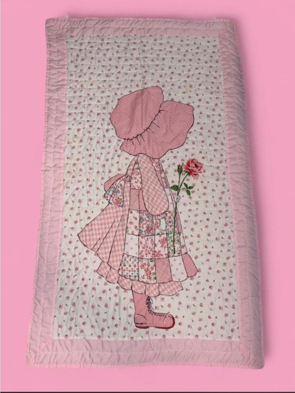 Vintage 70s Holly Hobbie Pink Floral Cottagecore Quilted Hanging Wall Decor